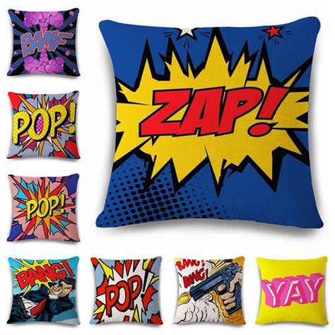 Book Throw Pillows, Fun Cushions, Animal Hooks, Rock N Roll Style, Pop Collection, Bedroom Pillows, Comic Style, Linen Throw Pillow, Linen Throw