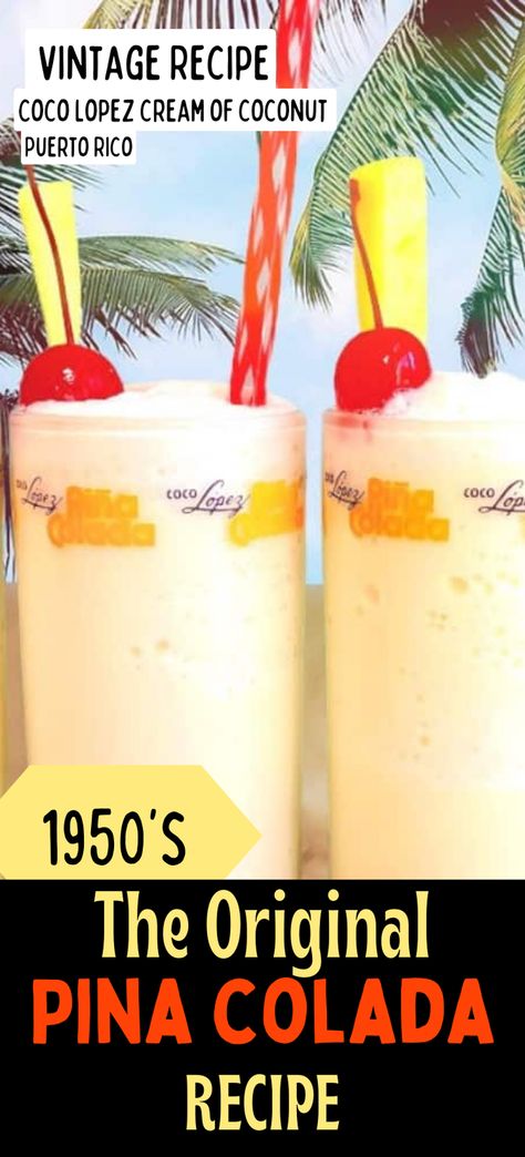 This is the original piña colada that was invented in Puerto Rico in the 1950s. The recipe was printed right on the side of a cocoa Lopez glass. Coco Lopez cream of coconut is necessary for a truly authentic piña colada. Read all about it…. Pina Colada Recipe With Coco Lopez, Rumchata Pina Colada, How To Make Piña Colada Drink, Puerto Rican Pina Colada Recipe, Coco Lopez Pina Colada, Puerto Rico Drinks, Orange Julius Pina Colada Recipe, Pina Colada Margarita, Coco Lopez Recipes