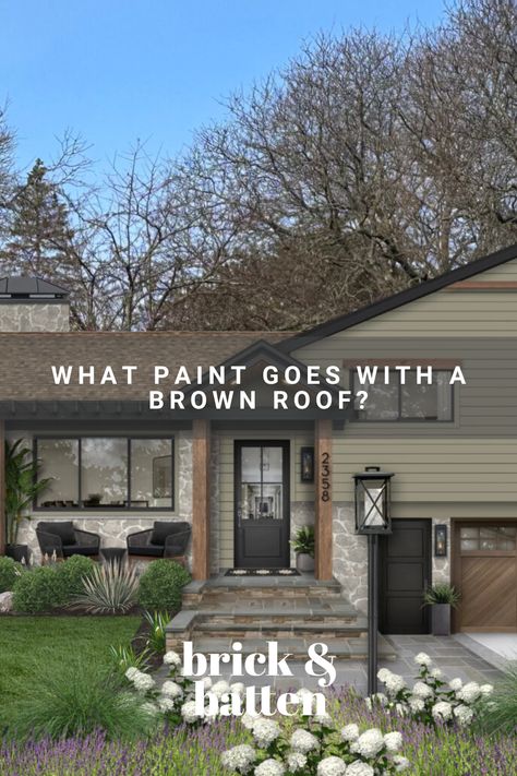 Stucco Exterior Colors Brown Roof, Siding Ideas Exterior Brown Roof, Black Siding With Brown Roof, Modern Farmhouse Exterior Brown Roof, Low Roof Line Exterior, Vinyl Siding Colors With Brown Roof, Siding Colors For Brown Roof, Brown Roof Siding Colors, Updating Brown House Exterior