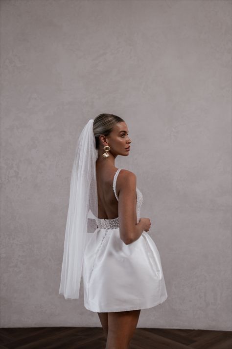 'POPPY' by Made with Love #mwlpoppy Short Veils Bridal, Fingertip Length Veil, Beaded Corset, Veil Length, Short Veil, Auckland Nz, Tulle Veils, Wedding Dress With Veil, Engagement Parties