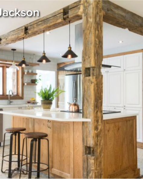 Incorporating a post into an island Rustic Ceiling Light Fixtures, Small Kitchen Bar, Dreamy Kitchens, Kitchen Colour Combination, Best Kitchen Colors, Rustic Ceiling Lights, Trendy Kitchen Colors, Kabinet Dapur, Kitchen Colour Schemes