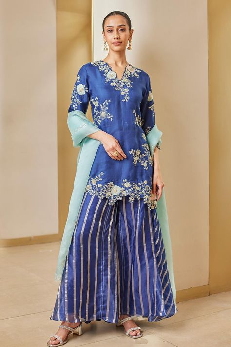 Buy Osaa by Adarsh Blue Tissue Flower Embroidered Kurta And Sharara Set Online | Aza Fashions Kurta And Sharara Set, Blue Sharara, Kurta And Sharara, Indian Outfits Lehenga, Kurta Designs Women, Embroidered Dupatta, French Knots, Sharara Set, Pattern Embroidery