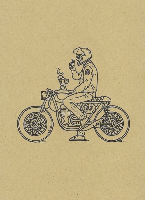 Vintage Motorcycle Tattoo, Cafe Racer Illustration, Drawing Of Motorcycle, Minimalist Motorcycle Tattoo, Cool Sketch Ideas Vintage, Motorcycle Sketch Drawing, Bike Tattoo Motorcycles, Motorcycle Art Drawing, Cafe Racer Ideas