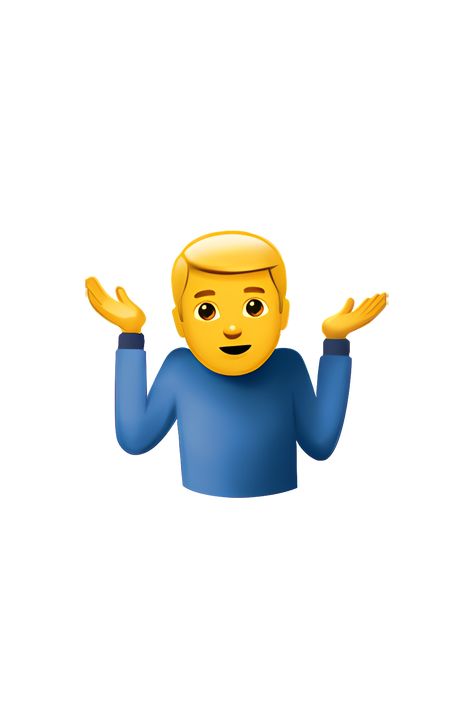 The emoji 🤷‍♂️ depicts a man with his shoulders raised and his palms facing upwards, as if he is unsure or confused about something. He has a neutral expression on his face and is wearing a generic shirt and pants. The emoji is typically yellow in color, but may vary depending on the platform or device being used. Shrugging Emoji, Neutral Expression, Emoji Man, Apple Emojis, Shrug Emoji, Shoulder Raises, Hand Emoji, Emoji Characters, Iphone Emoji