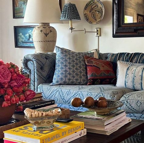 Meredith Ellis, Peter Dunham, Fabric Pillows, Coffee Style, English Decor, Inspiring Interiors, Cottage Interiors, Red Rooms, Blue Living Room