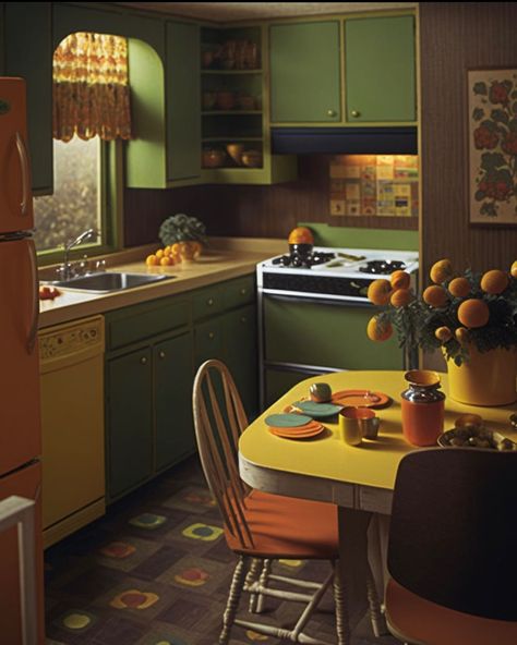 Mid Century Maximalist Kitchen, 50s Architecture Interiors, 70s House Living Room, Retro Kitchen Inspiration, 60s Home Decor Vintage, 60s Aesthetic Kitchen, 80s Style Kitchen, 70s Vintage Interior Design, Retro Kitchen 70's