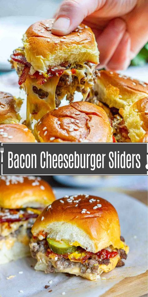 Bacon cheeseburger sliders baked in the oven are a deliciously easy way to feed a hungry crowd. These hamburger sliders piled high with savory bacon, melty cheese, and all your favorite cheeseburger toppings are the perfect Super Bowl party food! Sliders Recipes Hamburger, Simple Sliders, Bacon Cheeseburger Sliders, Recipes For Parties, Hamburger Sliders, Easy Slider Recipes, Best Easy Dinner Recipes, Slider Sandwiches, Cheeseburger Sliders