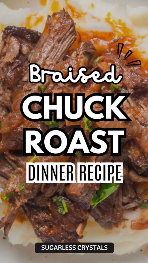 Discover the secret to a tender, flavorful beef dinner with this Easy Braised Chuck Roast recipe. Cooked in a Dutch oven with a rich red wine sauce, this dish brings restaurant quality to your home kitchen. Perfect for family dinners, this oven-braised beef recipe ensures melt-in-your-mouth tenderness with minimal effort. Follow our easy steps for a delicious, savory meal that will impress your loved ones and elevate your dinner game. Chuck Roast Recipes Dutch Oven, Dutch Oven Chuck Roast, Chuck Roast Recipes Oven, Chuck Roast Dutch Oven, Best Chuck Roast Recipe, Chuck Roast Recipe Oven, Chuck Recipes, Beef Chuck Roast Recipes, Braised Chuck Roast