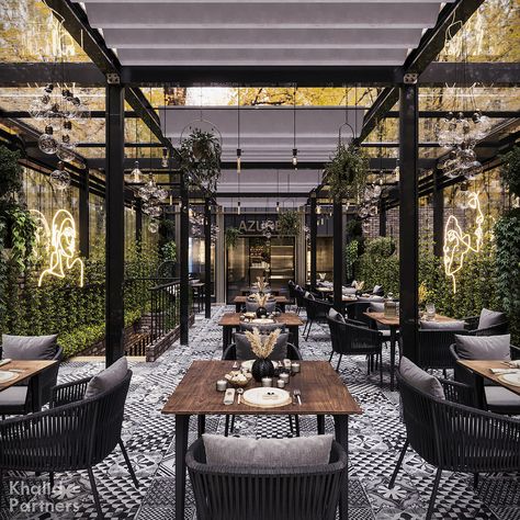 Azure Restaurant & Cafe :: Behance Rooftop Bar Design, Outdoor Restaurant Patio, Rooftop Restaurant Design, Restaurant Exterior Design, Modern Restaurant Design, Outdoor Restaurant Design, Restaurant Exterior, Cozy Interior Design, Terrace Restaurant