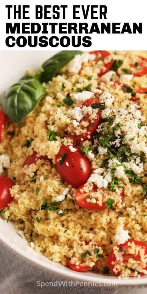 This easy couscous recipe is bursting with fresh flavors! Couscous, feta cheese, cherry tomatoes & lemon juice create this simple dish! #spendwithpennies #couscous #sidedish #mediterranean #recipe #couscous Recipe Couscous, Simple Couscous Recipes, Ww Appetizers, Couscous Dishes, Making Couscous, Mediterranean Recipe, Mediterranean Couscous, Quinoa Recipes Easy, Mediterranean Foods