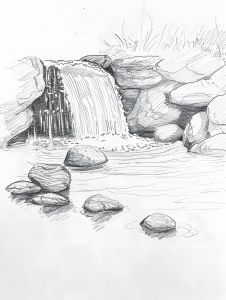 Small Waterfall Drawing, Forest With River Drawing, How To Draw Waterfall, Mountain Waterfall Drawing, How To Draw A Waterfall, Floating Sketch, Water Falls Drawing, River Drawing Simple, Succulent Sketches