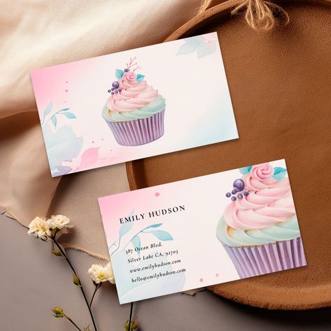 Illusion Decor, Cupcake Business Cards, Cake Business Cards, Cupcake Business, Watercolor Business, Bakery Business Cards, Watercolor Business Cards, Cupcake Card, Cupcake Bakery