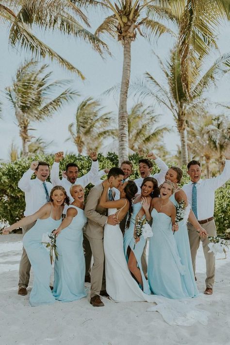 Beach Wedding Aesthetic Bridesmaid, Wedding On The Beach Dress, Wedding Beach Bridesmaids, Blue Wedding Beach Theme, Wedding Venues On The Beach, Destination Wedding Pictures Photo Ideas, Beachy Wedding Venues, Bridesmaids Dresses Beach Wedding, Beach Wedding Pictures Bridal Party