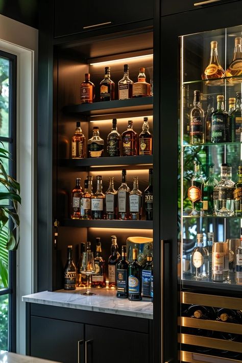 5 Tips for Designing Home Bar Glass Shelves Home Bar With Wine Rack, Mirrored Liquor Cabinet, Floating Shelves Home Bar, Suspended Glass Shelves, Home Bar Nook, Gin Bar Ideas For Home, Beverage Pantry, Bar Alcohol Display, Bar Glass Shelves