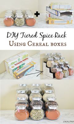 Quick and easy cereal boxes craft to organize your spices in the kitchen cabinet/drawer/pantry