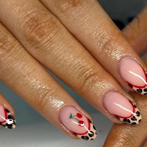 Meghan on Instagram: "I love this trend 🐆🍒 .  . . #lepoardprint #cheetahnails #cherrynails #showscratch #nailsofinstagram #nails #naildesigns #nail_me_good_ #nailinspo #nailsaddict #nailobsession #nailsswag #nailitmag #acrylicnails #scratchmagazine" Gel Mani Designs Art Ideas, Cherry Lepord Nails, Cherry Leapord Nails, Cherry And Leopard Nails, Fun Dark Nails, Cheetah Nails With Cherries, Cheetah Print Cherry Nails, Leopard Print Nails With Cherry, Cute Nail Ideas Fall