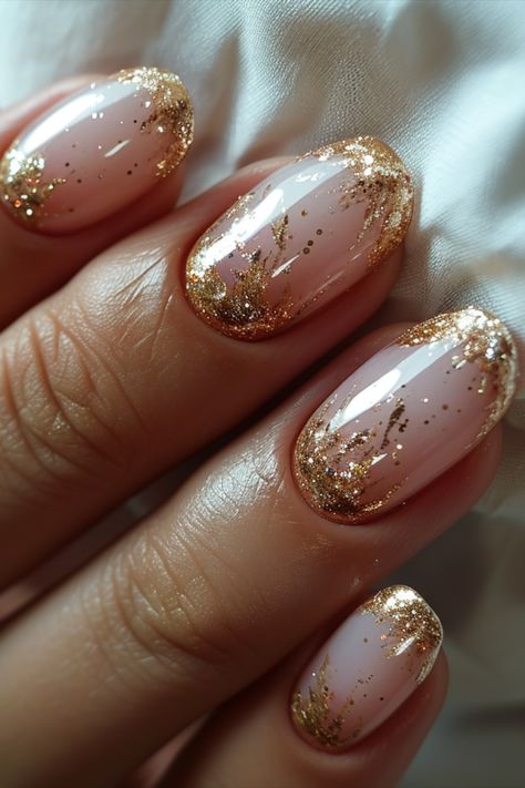 French Tip Nails 2024 Pink Golden Nail Art, Gold And Champagne Nails, Gold Airbrush Nails, French Tip Gold Line, Gold Bridesmaid Nails, Gold Accent Nail Design, Nude Bridal Nails, Cream And Gold Nails, Sparkly Gold Nails