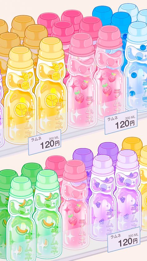 Anime Candy Food, Ramune Wallpaper, Kawaii Food Art Drawing, Ramune Illustration, Ramune Drawing, Drink Aesthetic Wallpaper, Kawaii Japanese Wallpaper, Kawaii Food Wallpaper, Anime Food Art Aesthetic