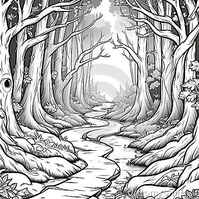 ai-generated-cloring-page-halloween-forest-path-path-has-light Spooky Path Drawing, Forest Path Drawing, Forest Trail Drawing, Forest Clearing Drawing, Spooky Forest Illustration, Halloween Forest, Silhouette Drawing, Forest Path, Halloween Illustration