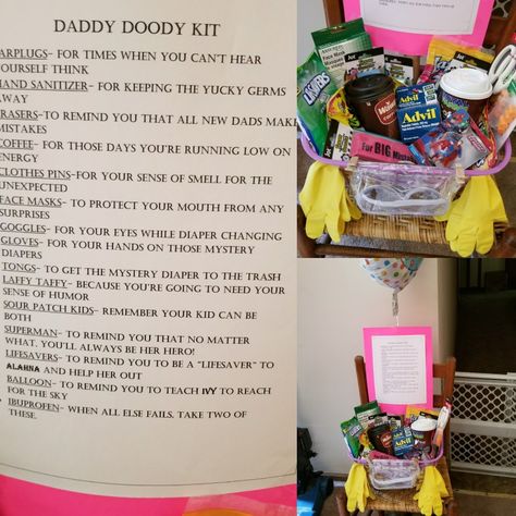 Daddy Doody Kit New Dads, Daddy Survival Kit Ideas New Dads, New Daddy Survival Kit, Survival Basket, New Dad Survival Kit, Dad Gifts Basket, Dad Baby Shower Gift, Husband Ideas