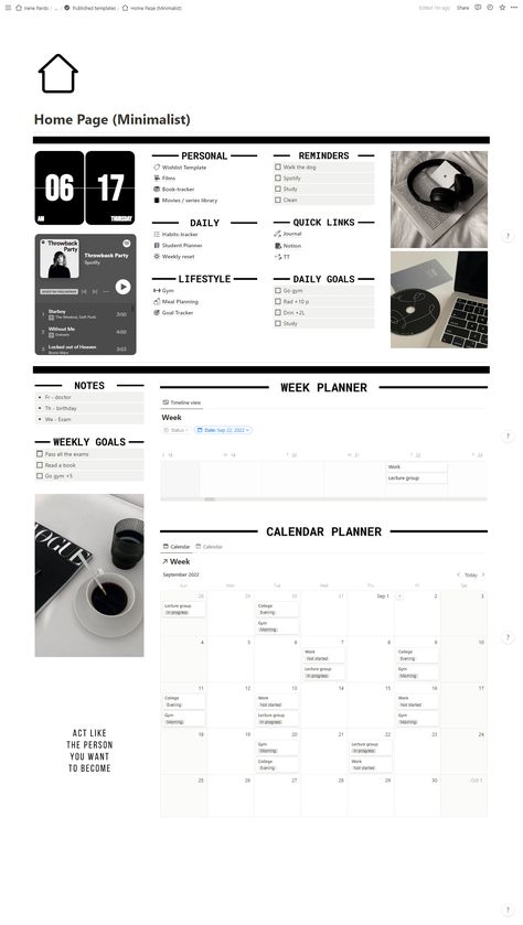 Minimalist Home Page for Notion Digital Planning | Printable Planner by  Keith Curci courseplannernotion #plannerorganization #aestheticnotion📋 Notion Home Page Template, Notion Home Page, Minimalist Notion, Small Business Planner, Media Planner, Dashboard Template, Social Media Planner, Goal Tracker, Aesthetic Template