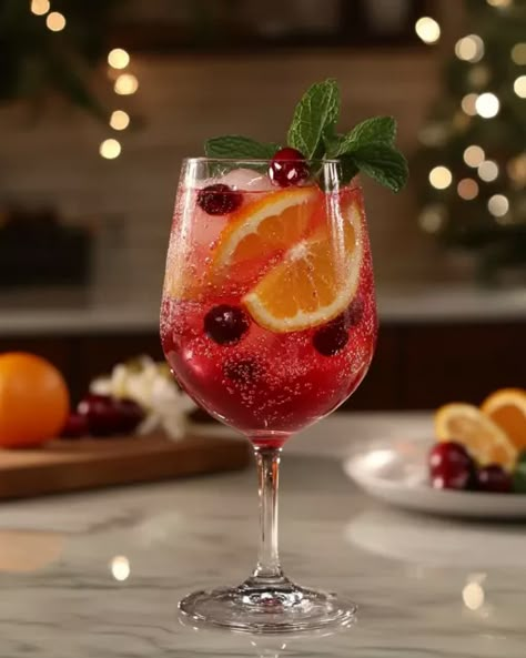 Citrus Cranberry Spritzer – A festive, fizzy drink with cranberry, orange, and mint. Perfect for any holiday gathering. Try it now! Spritzer Drink, Drinks With Cranberry Juice, Cranberry Mocktail, Orange Juice Cocktails, Ladies Christmas Party, Orange Juice Drinks, Cranberry Drinks, Spritzer Recipes, Nectar Of The Gods