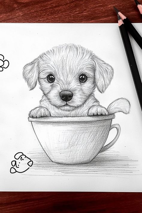 Fun Pencil Sketches, Pencil Art Drawings Sketches Ideas Simple, Easy Dog Drawing Simple, Cute Puppy Sketch, Quick Drawing Ideas, Dog Sketch Easy, Drawing Grid, Dog Drawing Simple, Dog Sketches