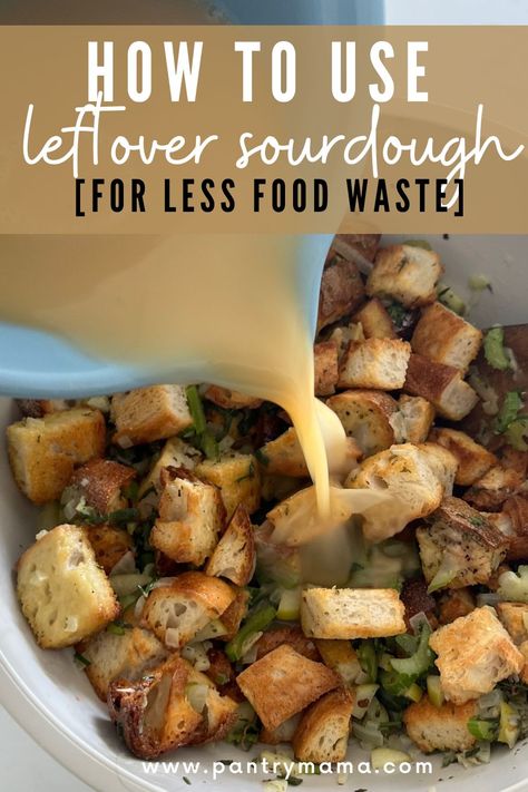 What to do with leftover sourdough bread - from making sourdough crostini and croutons to sourdough bread pudding and bruschetta. Sourdough Stuffing Recipe, Sourdough Bread Pudding, Sourdough Stuffing, Traditional Stuffing Recipe, Gluten Free Stuffing Recipes, Gluten Free Stuffing, Stuffing Recipes For Thanksgiving, Homemade Sourdough Bread, Homestead Ideas