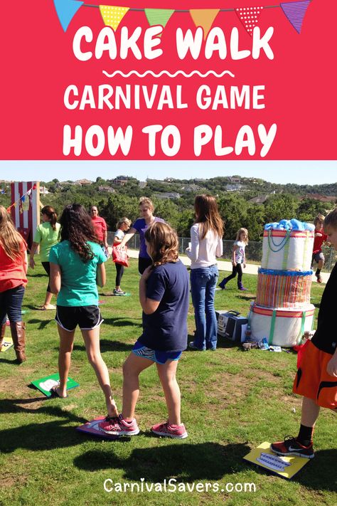 Carnival Game - Cake Walk. See hints and tips on setting this traditional game up at your school carnival, fall festival or carnival party! Middle School Carnival Ideas, Cake Walk Game Instructions, Cupcake Walk Game, Fall Carnival Games Booth Ideas, Cake Walk Ideas, Fall Festival Game Ideas, Kids Carnival Games, Fundraising Carnival, Cake Walk Game