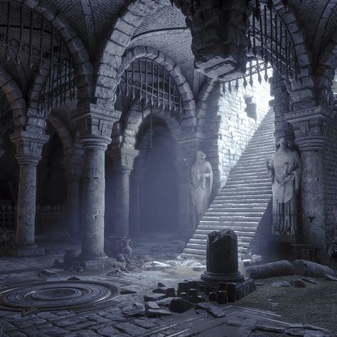 Building Layout Design, Dungeon Photography, Crypt Concept Art, Crypt Aesthetic, Fantasy Crypt, Ancient Ruins Aesthetic, Fantasy Castle Ruins, Catacombs Art, Catacombs Aesthetic