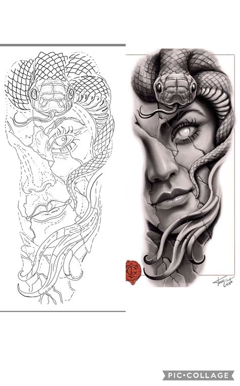 Snake Tattoo Design Leg, Medusa Sketch Tattoo, Cool Tattoo Stencils For Men, Chicano Style Tattoo Design, Realistic Tattoo Stencil, Realism Tattoo Stencil, Medusa Tattoo Stencil, Black And Grey Tattoo Design, Tattoo Medusa