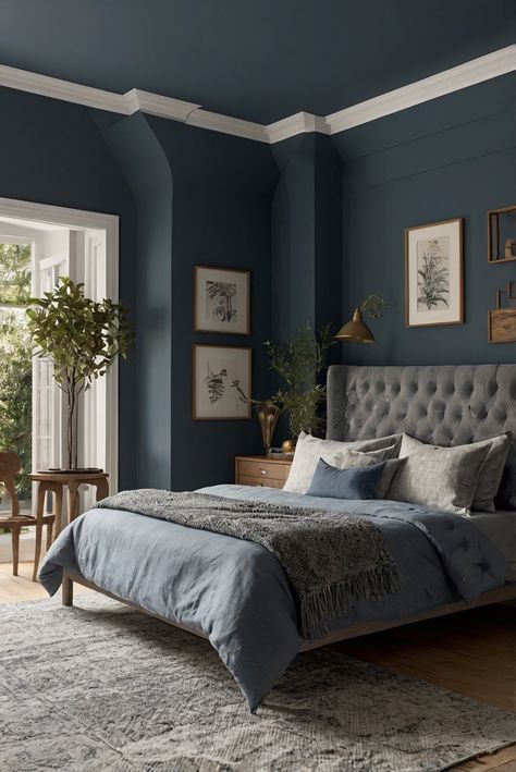 bedroom interior design, luxurious home decor, statement furniture, elegant design aesthetics Elegant Bedroom Paint Ideas, Bedroom Wall And Ceiling Paint, Indigo Blue Bedroom Ideas, Blue Bedroom Inspo Aesthetic, Modern Blue Bedroom Ideas, Statement Bedroom Wall, Superking Bed Ideas, Dark Blue Bedroom Ideas Colour Schemes, Romantic Blue Bedroom