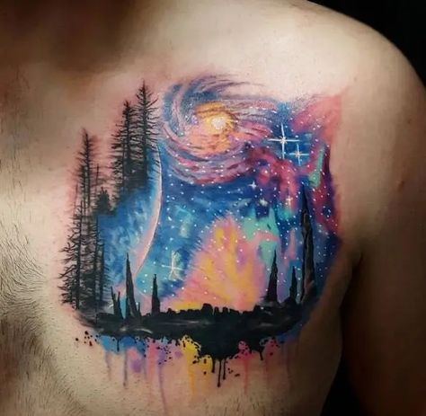 Galaxy Tattoos That Are out of This World ... Fantasy Back Tattoo, Cosmic Tattoo Galaxies, Ogham Tattoo, Hase Tattoos, Watercolor Galaxy Tattoo, Northern Lights Tattoo, Alaska Tattoo, Planet Tattoo, Cosmic Tattoo