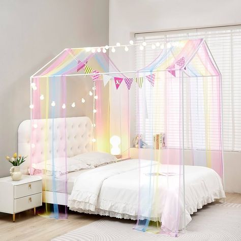 Poster Bed Curtains, Floor Bed Canopy, Curtains With Lights, House Bed Canopy, Full Size Canopy Bed, Loft Bed Curtains, Montessori Floor Bed, House Beds For Kids, Canopy Bed Curtains