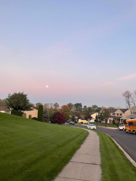 Nature, Suburban America Aesthetic, Usa Neighborhood Aesthetic, Moon In Morning Sky, Usa House Aesthetic, American Suburbs Aesthetic, Rich Suburban Aesthetic, American Neighborhood Aesthetic, Suburban Neighborhood Aesthetic