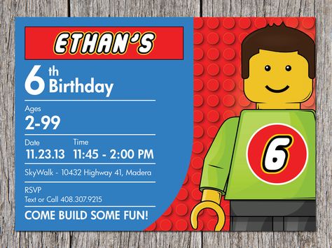 Free Printable Lego Birthday Invitation Ideas For Boys Lego Birthday Cards, Lego Party Invitations, Lego Birthday Invitation, Lego Movie Birthday, Lego Birthday Invitations, Birthday Party Invitation Wording, Lego Invitations, Birthday Party Invitations Free, Lego Themed Party