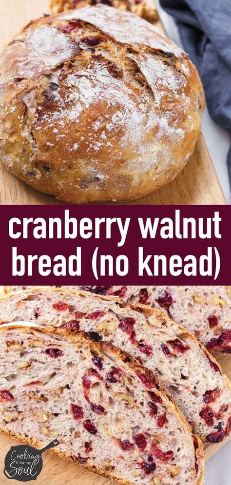 Cranberry Walnut Bread! This easy and delicious no knead cranberry bread is a great holiday bread baking recipe. The cranberry walnut bread comes out perfectly crusty outside and full of nuts and cranberries inside. So good! #cookingformysoul Cranberry Honey, Walnut Bread Recipe, Cranberry Walnut Bread, Cranberry Bread Recipes, Homemade Bakery, Dutch Oven Bread, Honey Walnut, Artisan Bread Recipes, Walnut Bread