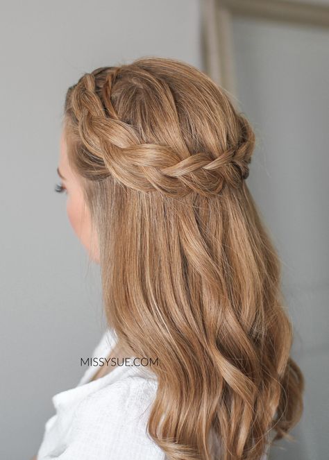 HALF UP DUTCH CROWN BRAID Braided Hair Crown Half Up, Pull Through Crown Braid, Crown Braid Updo Tutorial, How To Do A Braid Crown, Braid Crown Half Up, Braided Crown Hairstyles Half Up, Crown Braid Half Up Half Down, Coronet Braid, Braid Crown Hairstyles