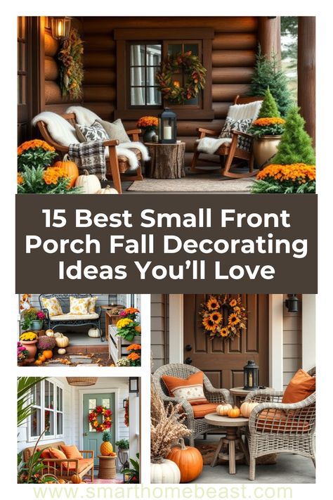 A Pinterest image featuring multiple small front porch fall decorating ideas, showing various styles from rustic and boho to modern and eclectic. Autumn Decorating, Front Porch Fall Decorating Ideas, Porch Fall Decorating Ideas, Fall Porch Decorating Ideas, Fall Porch Ideas, Fall Decorating Ideas, Fall Porch, Fall Decorating, Porch Ideas