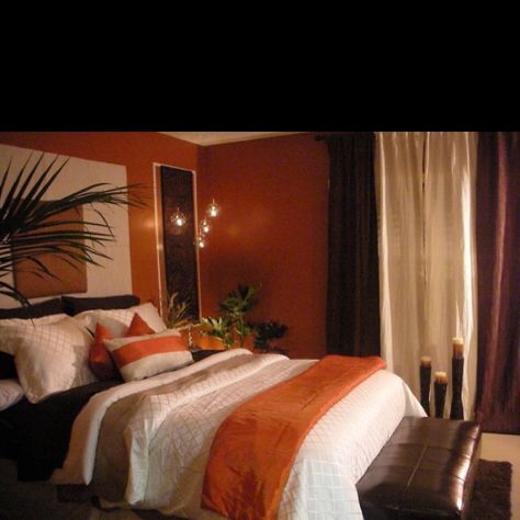 Love burnt orange Orange Bedroom Walls, Burnt Orange Bedroom, Orange Bedroom Decor, Orange Rooms, Apartment Decorating Living, Orange Bedroom, Bedroom Orange, Apartment Bedroom Decor, Bedroom Wall Colors