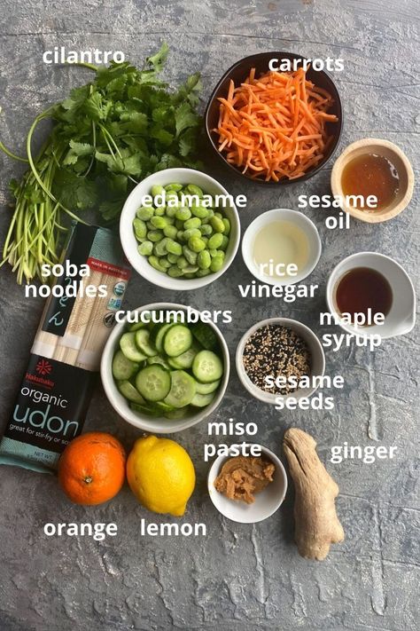 A fabulous Asian-inspired soba noodle salad with a tasty ginger miso salad dressing. We added carrots and cucumbers and shelled edamame for plant-based protein. Make a big batch and you'll have a great pack and go lunch for a few days. Also great as a light dinner or even a healthy snack :) Soba Noodle Recipe Healthy, Healthy Soba Noodles, Dairy Free Lunches, Miso Salad Dressing, Miso Salad, Carrots And Cucumbers, Soba Recipe, 2024 Meals, Shelled Edamame