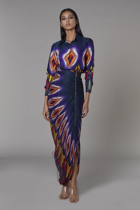 Shop for these amazing collections of Multi Color Satin Printed Abstract Collared Neck Shirt For Women by Saaksha & Kinni online at Aza Fashions. Color Abstract, Printed Skirt, Draped Skirt, African Prints, Africa Fashion, Indian Fashion Designers, Satin Color, Kaftan Dress, Designer Gowns