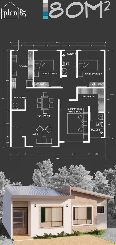 80m2 House Plans, Layout Design Architecture House Plans, Small Modern House Plans, Small House Layout, House Floor Design, Simple House Design, House Plan Gallery, Home Design Floor Plans, Sims House Plans