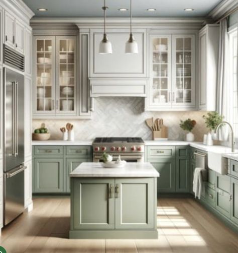 Colonial Style Kitchen, Farmhouse Chic Kitchen, Cream Kitchen Cabinets, Vintage Kitchen Cabinets, Green Kitchen Cabinets, Kitchen Renovations, Kitchen Cabinet Styles, Professional Kitchen, Farmhouse Style Kitchen