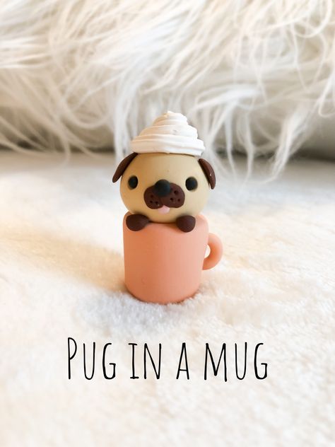 Polymer clay pug in a mug with whipped cream Clay Crafts For Kids, Polymer Clay Kawaii, Fimo Polymer Clay, Polymer Clay Figures, Clay Diy Projects, Tanah Liat, Polymer Clay Diy, Polymer Clay Animals, A Pug