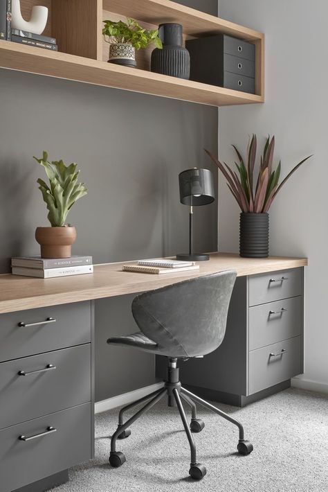 Explore 21 Trendsetting Desks with Drawers for 2024 - Innovate Your Space - placeideal.com Study Room Decor Dark, Grey Study Room, Trendy Bed Designs, Office Room Ideas Home For Men, Light Grey Office, Husbands Office, Office Cupboard Design, Home Study Ideas, Office Colours