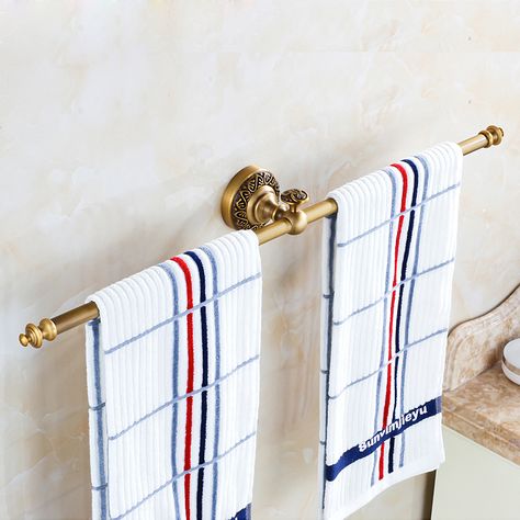 Bathroom - Towel Bars - European Retro Style Bathroom Products Bathroom Accessories Copper Art Towel Bar Hand Towel Bar Placement, Towel Bar Placement, Antique Brass Bathroom, Brass Towel Bar, Vanity Counter, Wall Mounted Towel Holder, Timeless Bathroom, Double Towel Bar, Copper Art