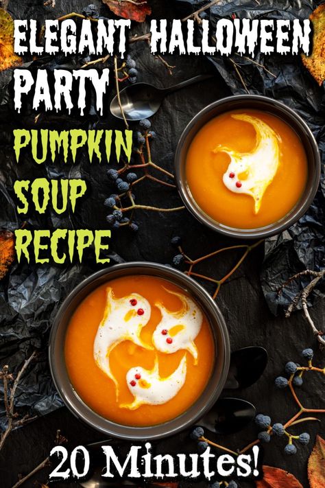 This elegant easy Halloween Pumpkin soup recipe takes only 20 minutes to make but tastes gourmet! It's the perfect appetizer for a classy Halloween dinner party. You can pipe sour cream shapes on top and serve it in small pumpkins. We serve this every year for fall holidays from Halloween to Thanksgiving! Halloween Themed Soup, Halloween Soup Ideas, Healthy Pumpkin Soup, Halloween Dinner Party Food, Halloween Soup, Dinner Party Food, Elegant Halloween Party, Pumpkin Soup Healthy, Halloween Golf