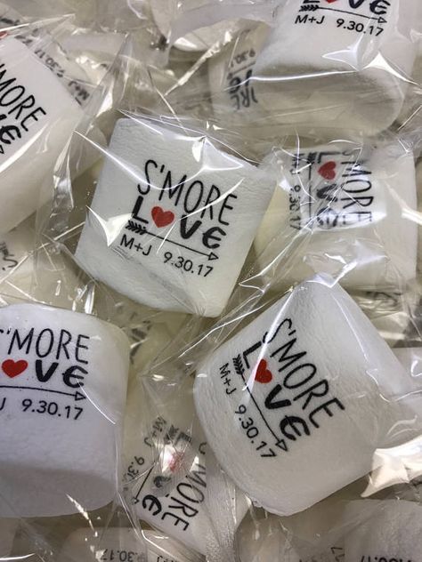 Custom Marshmallows, Wedding Bonfire, Smores Wedding Favors, Printed Marshmallows, Bonfire Wedding, Guest Favors, Love Script, S'mores Bar, Wedding Favors Fall