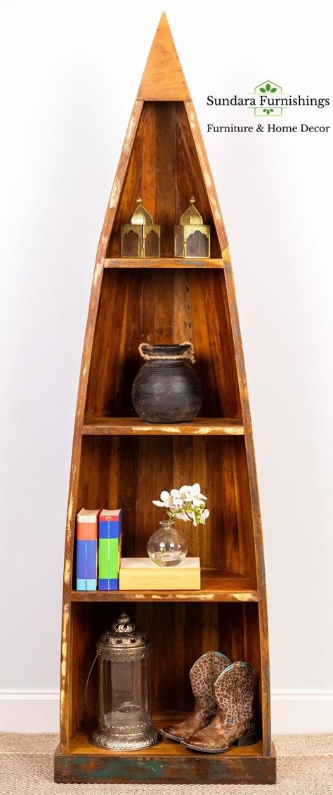 Canoe Bookshelf, Bookshelves Corner, Vintage Canoe, Bookshelf Corner, Shelves Decor, Wood Bookcase, Bookcase Shelves, Book Shelf, Decor Items